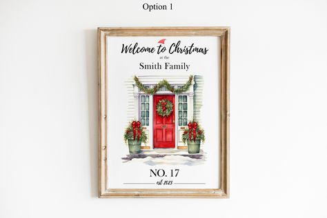 Welcome To Christmas, Custom House Numbers, Family Name Sign, Name Wall Art, Family Name Signs, Watercolor Christmas, Christmas Wall Art, Christmas Wall, Custom Door