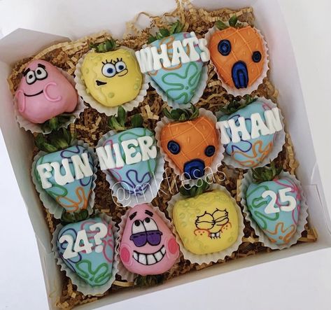 Spongebob Chocolate Covered Strawberries, Spongebob Party Treats, 25th Birthday Ideas For Her Theme, Spongebob Strawberries, Spongebob 25 Birthday Cake, 25th Birthday Themes For Her, Spongebob 25 Birthday, Theme Chocolate Covered Strawberries, Spongebob Treats