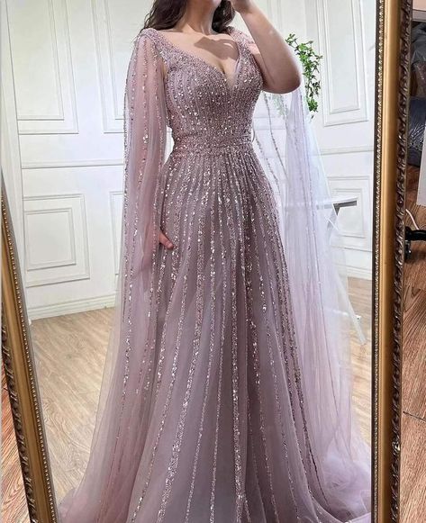 #fashion, #style, #outfitinspiration, #beauty Prom Dresses With Cape, Nikkah Wedding, Cape For Women, Party Wear Gowns, Champagne Evening Dress, Bride Dress Simple, Modest Evening Dress, Dubai Luxury, Engagement Dress