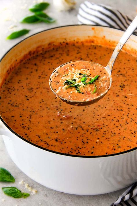 Simply Stacy Recipes, French Tomato Soup, Sipping Soup, Luxurious Food, Basil Soup Recipe, Tomato Basil Soup Recipe, Creamy Tomato Basil Soup, Parmesan Soup, Basil Soup