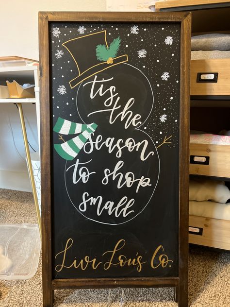 Christmas Decor Retail Display Ideas, Shop Small Chalkboard Signs, Small Business Chalkboard Sign Ideas, Holiday Boutique Ideas, Pop Up Shop Sign Ideas, Christmas Sidewalk Decor, Small Business Chalkboard Signs, Chalkboard Sign Ideas For Business, Shop Local Chalkboard Sign