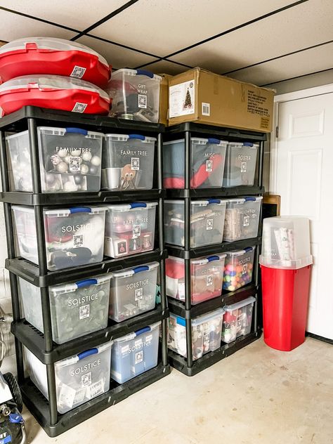 Season Storage Ideas, Shelves For Organization, Storage Holiday Decor, Storage Ideas For Big Items, Storage Box Organization, Organized Storage Closet, Toy Storage In Basement, Storage For Holiday Decorations, Holiday Storage Bins