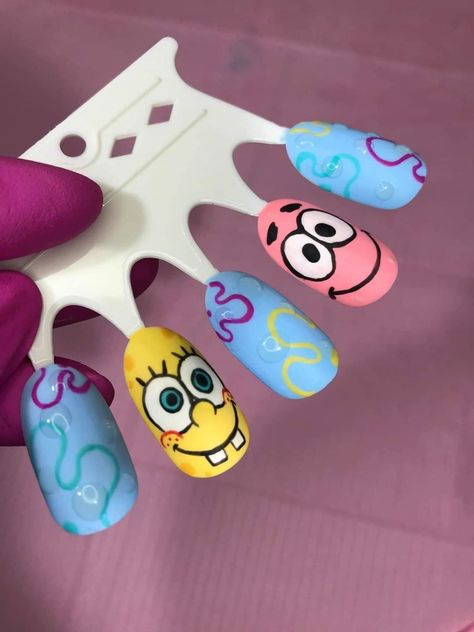 Fascinating Gel Nails Designs To ConsiderNail 2023Summer Nails Art Simple Spongebob Nails Designs, Nail Pop Art Designs, Cartoon Nail Art Designs Easy, Nail Spongebob, Spongebob Nails Acrylic, Crazy Nail Designs Creative, Spongebob Nails Designs, Nail Design Cartoon, Nails Spongebob