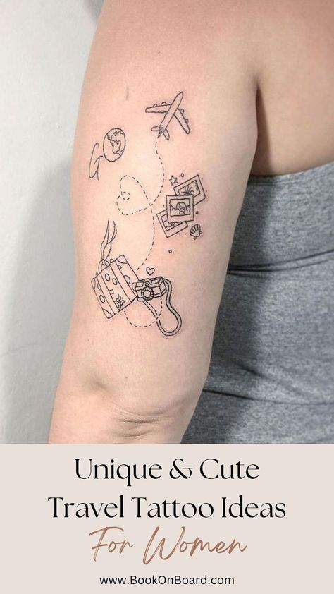 Unique & Cute Travel Tattoo Ideas For Women Travel Tattoos Small, Travel Tattoo Ideas For Women, Unique Travel Tattoos, Fernweh Tattoo, Travel Tattoo Ideas, Travel Tattoo Small, Globe Tattoos, Adventure Tattoo, Camera Tattoos