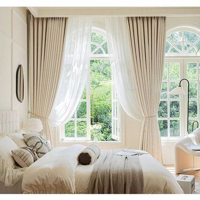 Our curtains offer a skin-friendly, soft, and comfortable fabric. They are versatile and suitable for various settings such as living rooms, bedrooms, villas, hotels, and more. Perfect for both window treatments and decorations Wildon Home® Size per Panel: 79" W x 106" L | Wildon Home® Nayaliz Chenille Room Darkening Curtain Pair 106.0 H x 79.0 W in brown / white in Cream | 79" W x 106" L | Wayfair | Home Decor Classic Bedroom Curtains, Living Room White Curtains Ideas, Victorian Window Curtains, Window Treatments For Arched Top Windows, Heirloom Home Decor, French Curtains Living Room, Arched Windows Curtains, Double Layer Curtains Bedroom, Old Money Curtains