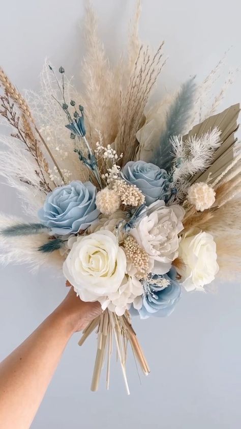 For Danielle🦋 First time to create a bouquet with pop of dusty blue and love how this beauty turned out. 🤍🤍 . . . . . . #pampasbouquet #d… | Instagram Dusty Blue And Cream Wedding Bouquet, Dusty Blue Bridesmaid Flowers, Blue Wedding Decorations Receptions, Light Blue Western Wedding, Coastal Boho Wedding, Dusk Blue Wedding, Blue Tan Wedding, Dusty Blue Centerpieces Wedding, Dusty Blue And Sage Green Wedding Theme