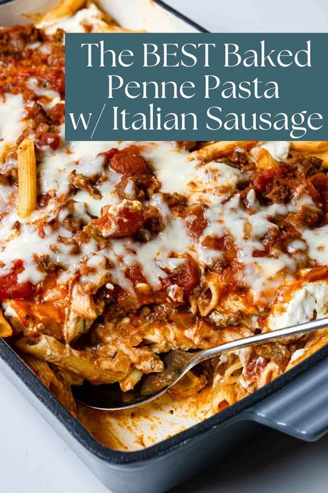 Baked Penne Pasta with Italian Sausage - Mom's Dinner Baked Penne Pasta Recipes, Italian Sausage Pasta Bake, Penne With Sausage, Lasagna Layers, Pasta With Italian Sausage, Sausage Penne Pasta, Sausage Penne, Pasta Sausage, Sausage Pasta Bake