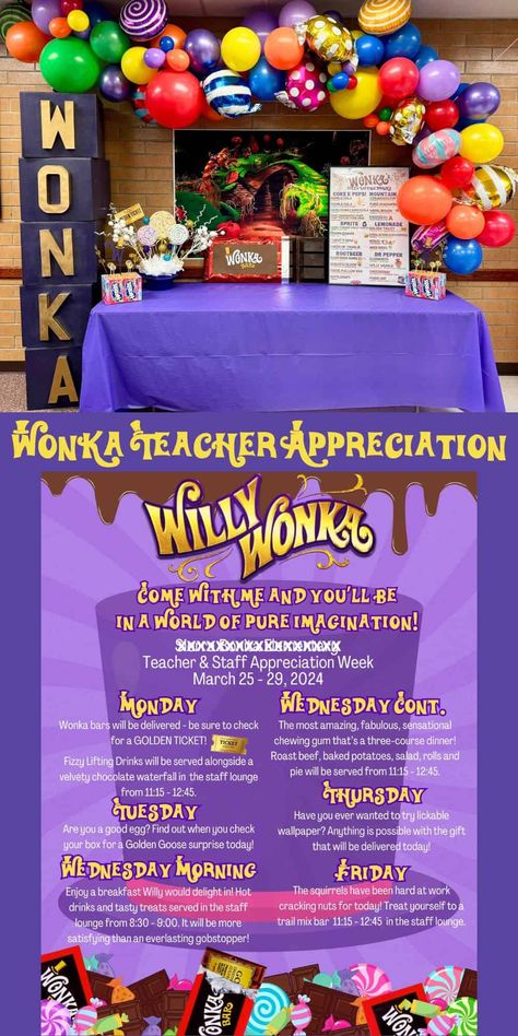 This Willy Wonka Teacher Appreciation Week Theme has inspiration for decor, gifts, food & more. It's a sugary sweet way to spread some love! Wonka Teacher Appreciation, Teacher Appreciation Staff Gifts, Theme Week Ideas For Work, Staff Appreciation Week Theme Ideas, Staff Appreciation Theme Week, Teacher Break Room Snack Ideas, Fun Teacher Appreciation Ideas, Willy Wonka Teacher Appreciation Week, Back To School Teacher Appreciation