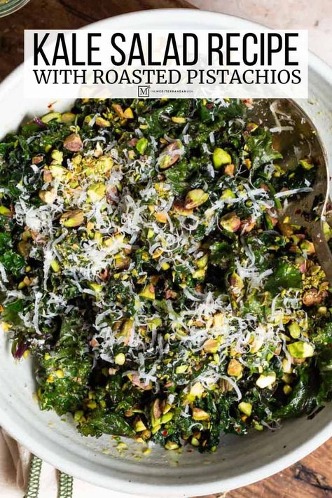 Kale Salad with Roasted Pistachios and Parmesan Kale Pistachio Salad, Kale Salad With Parmesan Cheese, Roasted Kale Salad Recipes, Kale Salad With Feta Cheese, Kale Arugula Salad Recipes, Chicken Salad With Pistachios, Kale And Romaine Salad Recipes, Kale Parmesan Salad, Steak And Kale Salad