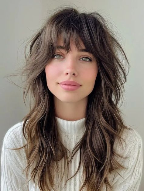 Medium Length Shag Haircuts With Bangs Curly, Curtain Shag Bangs, Long Layered Shag Haircut Curtain Bangs, 70s Fringe Bangs Long Hair, Medium Length Haircut With Layers And Curtain Bangs Thick Hair, Shag Hair Curtain Bangs, Modern Shag Curtain Bangs, Medium Layered Hairstyles With Bangs, Shag Hair Bangs