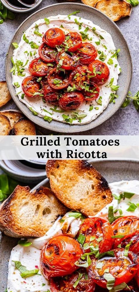 Grilled Tomatoes with Ricotta is a delicious summer appetizer or side dish! Lightly charred sweet tomatoes are piled on top of creamy ricotta, sprinkled with fresh herbs and drizzled with balsamic glaze. Serve them as is or with slices of toasted baguette. #appetizers #tomatoes #grilling #ricotta #glutenfree #holidayappetizers #sidedish #partyfood Summer Ricotta With Grilled Vegetables, Toasted Cherry Tomatoes, Porchetta Side Dish, Light Healthy Appetizers, Grilled Cherry Tomatoes, Ricotta Side Dish, Grilled Tomatoes Recipes, Appetizers On The Grill, Couples Dinner Recipes