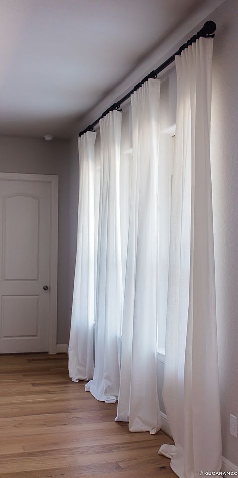 3 Window Curtain Ideas Bedrooms, Budget Curtains, High Ceiling Curtains, 3 Window Curtains, Curtains Ikea, Window Curtain Designs, High Curtains, Ceiling Curtains, Ikea Curtains