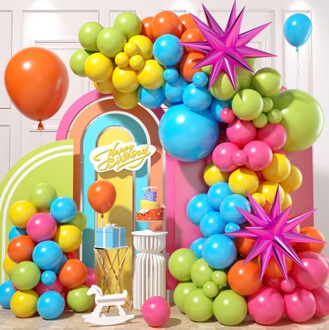 PRICES MAY VARY. Elegant Design： Our rainbow balloon arch kit are designed to add a touch of elegance to your event! The balloon arch includes 10inch: 15 x yellow, 15 x orange, 15 x rose red, 15 x fruit green, 15 x light blue; 5inch: 5 x light blue, 5 x orange, 5 x fruit green, 5 x yellow, 5 x rose red; 2 x 22inch rose red star foil balloons; 1x balloon strip, 1x dispensing Latex Material： Our tropical balloon arch are made of latex materials, ensuring long-lasting bright colors that will stand Orange Balloon Arch, Rainbow Balloon Garland, Rainbow Balloon Arch, Pink Bachelorette, Balloon Pictures, Fiesta Party Decorations, Orange Balloons, Christmas Shoes, Blue Yellow Orange