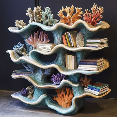 This coral-inspired bookshelf brings the beauty of the ocean into your home, with its organic, branching structure mimicking the intricate forms of underwater reefs. Crafted with flowing, asymmetrical shelves that resemble coral formations, the design creates a stunning visual centerpiece while providing ample space for books and decorative items. The natural curves and soft edges evoke a sense of tranquility and connection to the sea, making this bookshelf both functional and artistic, perfe... Sea Shell Furniture, Ocean Themed Bookshelf, Ocean Bookshelf, Ocean House Aesthetic, Nature Aesthetic Home Decor, Coral Reef Decor, Coral Bookshelf, Coastal Home Decor Ideas, Nature Bookshelf