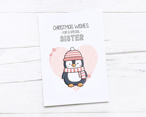 Happy Christmas Card Sister | Sister Christmas Card | Cute Sister Christmas Gift | Sister Card | Penguin Sister Christmas Card, Christmas Gift Sister, Sister Christmas Gift, Happy Christmas Card, Cute Sister, Unique Birthday Cards, Christmas Gifts For Sister, Sister Christmas, Sister Sister