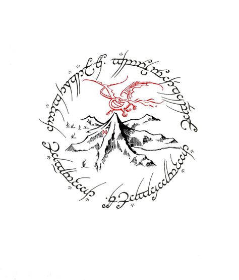 Made this tattoo design up in Photoshop.  Thinking this will be the next one I have done.  A combination of The One Ring text and the Lonely Mountain w/Smaug.  <3 **If anyone actually uses my design for a tattoo, I'd love to see the finished work.  Send it to me!  :)  @SaucyCandice Hobbit Tattoo, Tolkien Tattoo, Bodysuit Tattoos, Lotr Tattoo, Tattoo For Baby Girl, Lord Of The Rings Tattoo, Traditional Sleeve, Small Girl Tattoos, Tattoo Traditional