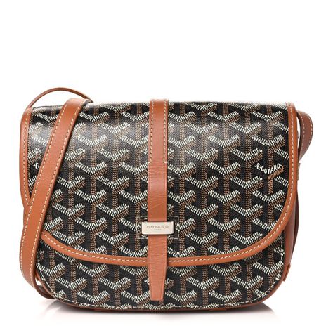 This is an authentic GOYARD Goyardine Belvedere II PM Messenger Bag in Black and Gold. This stylish messenger bag is crafted of classic Goyard monogram chevron coated canvas in black. The bag features brown leather trim, an adjustable crossbody strap, and polished silver hardware. The front flap opens to a yellow fabric interior with pockets.