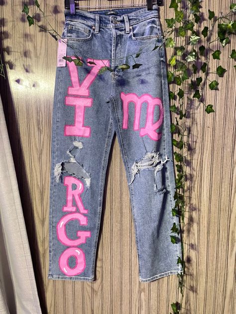 Custom Made Birthday Outfits Black Women, Birthday Pants Paint, Pisces Birthday Pants, Zodiac Sign Pants Photoshoot, Custom Painted Birthday Pants, Custom Jeans Birthday, Painted Zodiac Jeans, Painted Birthday Pants, Virgo Birthday Outfit Ideas