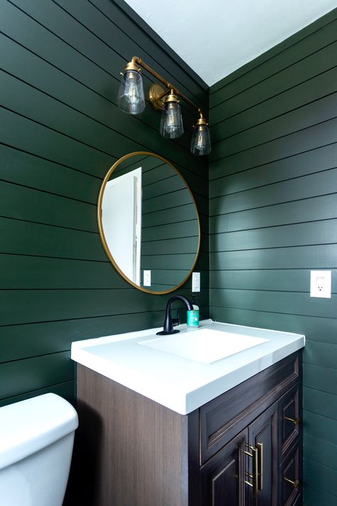 Shiplap can be whatever color you want it to be with our primed white shiplap. Keep your eyes peeled for more of this emerald green that is a rising popular color in homes as Graham and Brown just named dark green 'Adeline' their color of the year for 2020. Get this look with Adeline paint and our smooth Timeless primed white shiplap. #interiordesign #shiplap #shiplapbathrooms #timeless #ufpedge Emerald Green Bathroom, Home Decor Ideas Cozy, Nickel Gap, Modern Farmhouse Bathroom Ideas, Dark Green Bathrooms, Farmhouse Home Decor Ideas, Installing Shiplap, Shiplap Bathroom, Interior Design Gallery