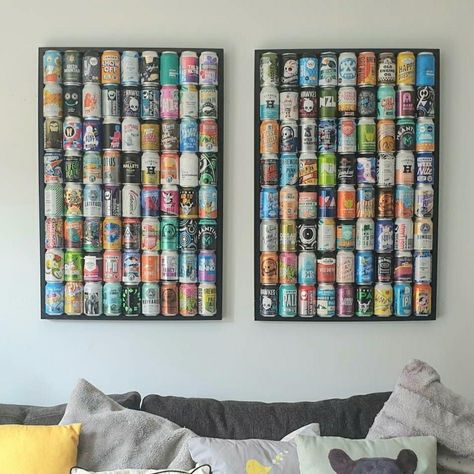 Beer Can Art Ideas, Beer Bottle Wall Art, Beer Box Wall, Soda Can Room Decor, Beer Can Wall Art, Man Bedroom Ideas, Beer Bottle Diy, Beer Wall Art Vintage, Beer Can Art