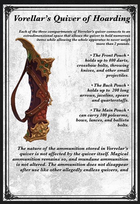 Magic Quiver 5e, Dnd Quiver, D&d Magic Items, Dnd Magic Items Homebrew, Dnd Armor, 5e Items, Homebrew Items, Dnd Items, Magical Items