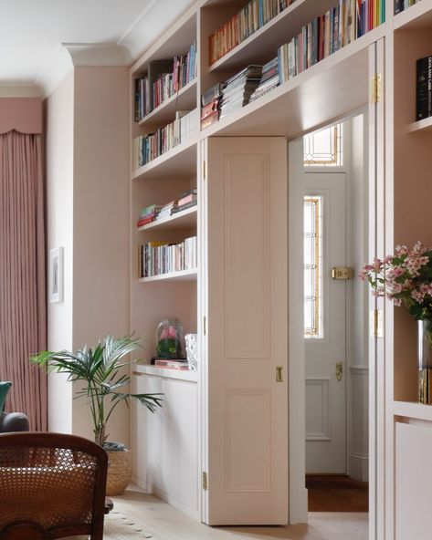 Built-In Bookcase Around Door Ideas Hallway Layout, Shaker House, Shaw House, Bookshelf Door, Internal Sliding Doors, Bookcase Door, Library Wall, Kitchen Hallway, Living Room Bookcase