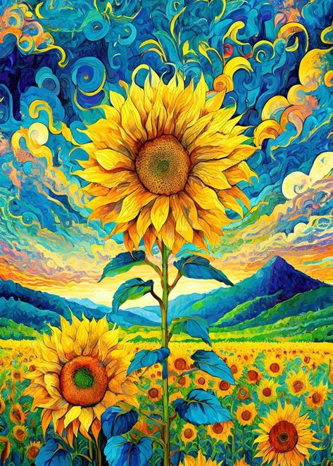 Unique Paintings Creative, Pictures Of Sunflowers, Classical Art Paintings, Sunflower Painting Acrylic, Bright Color Art, Sunflower Paintings, August Art, Meme Format, Sunflowers Art