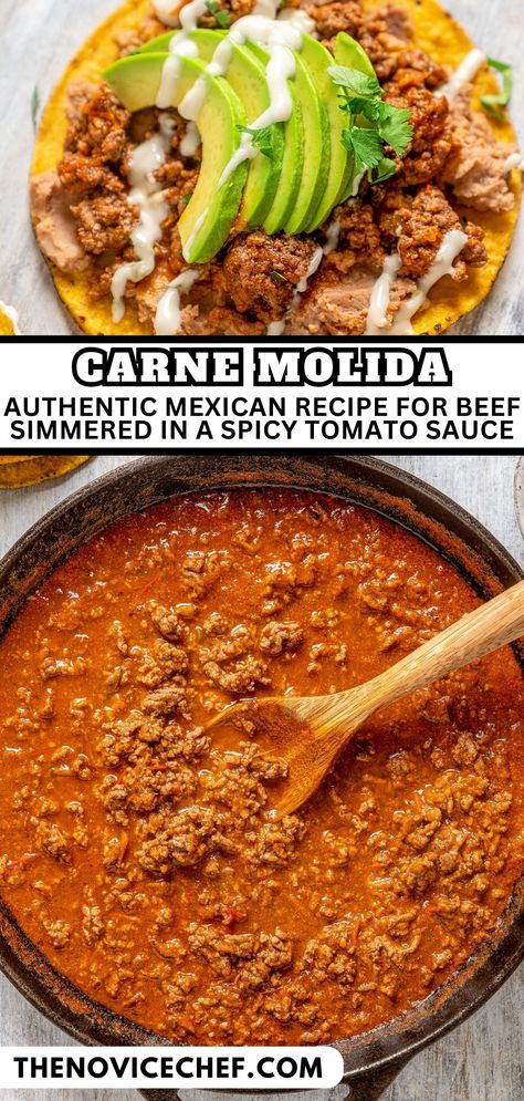 This juicy carne molida with homemade tomato salsa is the easy dinner your weeknight menu was missing. You'll love every spicy, smokey, and crunchy bite! You can also make tacos, tostadas, burritos, or enjoy it on its own with a side of red rice and guacamole. Tostadas Ground Beef, Authentic Taco Meat Ground Beef, Ground Beef Tostadas Mexicanas, Ground Beef Tostada Recipes, Authentic Mexican Ground Beef Recipes, Authentic Ground Beef Enchiladas, Hamburger Meat Recipes Mexican, Ground Beef Tostadas, Dinner Recipes Red Meat