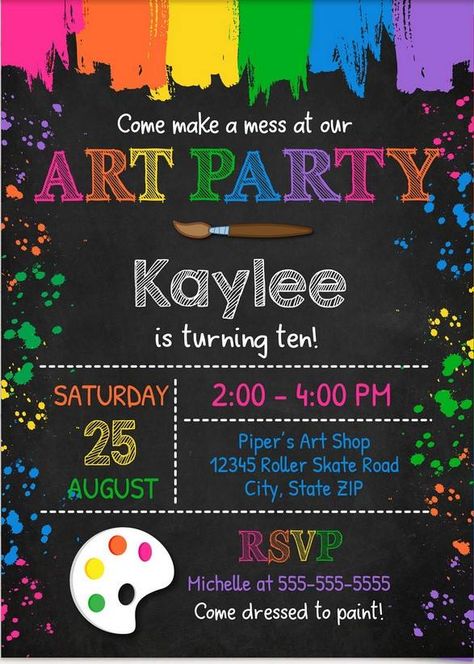 FREE Printable Art Party Invitation Template | FREE Invitation Templates - Drevio Paint Birthday Invitations, Painting Birthday Party Invitations, Art Party Invitations Free Printables, Art Party Invite, Free Invitation Templates Birthday, Color Party Invitations, Paint Party Ideas For Kids, Paint Party Decorations, Craft Party Invitations