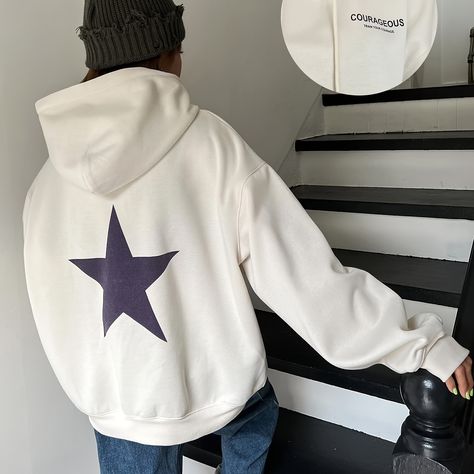 Faster shipping. Better service,Amazon,Tiktok,AliExpress,Shein Long Hooded Sweatshirt, Drop Shoulder Hoodie, Drawstring Hoodie, Casual Hoodie, Star Print, Women Pullover, Long Sleeve Pullover, Fashion Online Shop, Hoodie Print