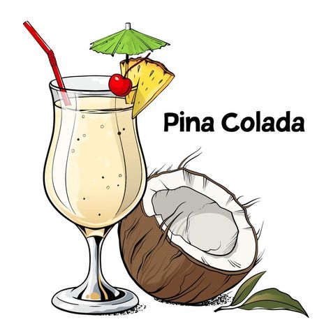 Pina Colada Illustration, Cocktails Drawing, Pina Colada Cocktail, Beach Rainbow, Coconut Slice, Senior Year Of High School, Pineapple Slices, Cocktail Art, Color Book