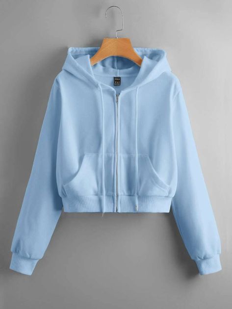 SHEIN Zipper Up Drawstring Hooded Sweatshirt | SHEIN USA Light Blue Shirts Women, Hoddies Outfits, Baby Blue Outfit, Light Blue Hoodie, Light Blue Jacket, 2024 Wishlist, Popular Clothing, Fashion Design Patterns, Birthday Stuff