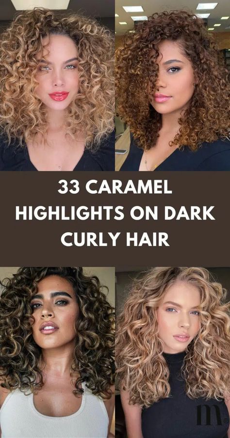 33 Ideas For Caramel Highlights On Dark Curly Hair Hair Color Highlights For Brown Hair, Fall Balayage Brunette Curly Hair, Mocha Brown Hair With Honey Highlights, Unique Highlights Curly Hair, Winter Hair Color Curly, Color For Curly Hair Ideas, Curly Hair Color Balayage, Curly Brunette With Highlights, Balayage Curly Hair Caramel