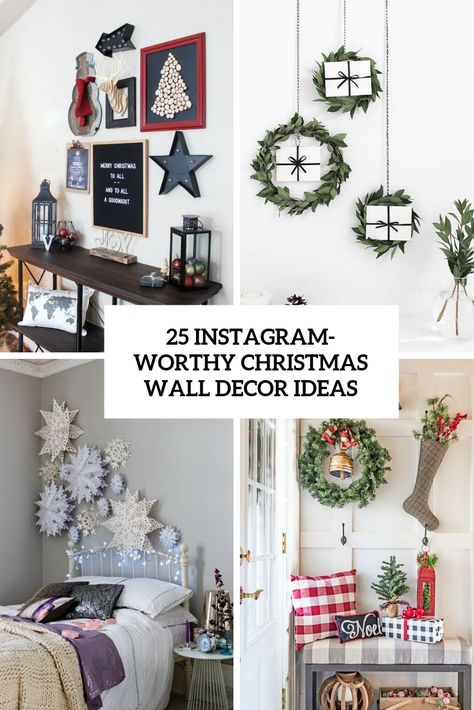 25 Instagram-Worthy Christmas Wall Decor Ideas Christmas Wreath Wall Decor Living Room, Wall Decorations Christmas, How To Decorate A Bare Wall For Christmas, Christmas Wall Decorating Ideas, Kitchen Wall Christmas Decor, Christmas Decorations For Walls, Christmas Feature Wall, Large Wall Christmas Decorations, Seasonal Gallery Wall