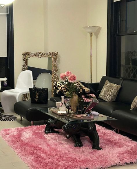 Cool Apartment Decor Living Room, Pink And Black Room, Room Inspo Pink, Black Glass Table, 90s Room, Girl Apartment Decor, Girly Apartment Decor, Dream Apartment Decor, Apartment Living Room Design