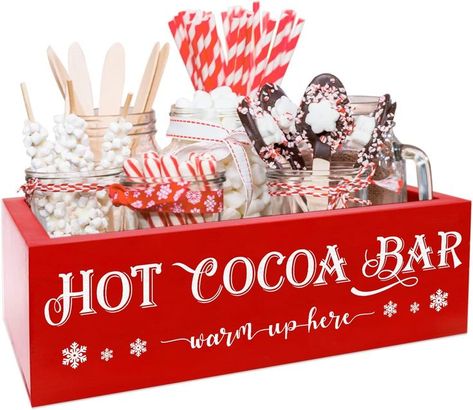 Christmas Hot Chocolate Station, Hot Cocoa Bar Decor, Christmas Hot Cocoa Bar, Christmas Hot Chocolate Bar, Christmas Hot Cocoa, Bar Wood, Holiday Kitchen Decor, Christmas Wooden Signs, Red Bar