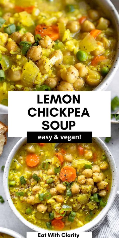 This lemon chickpea and rice soup is easy to make, high in protein and perfect for a simple plant based vegan dinner. This one pot veggie soup is packed with lemon flavors, herbs and is freezer friendly. Lemon Chickpea Soup, Chicken And Chickpea Soup, Lemon Chickpea, Chickpea And Rice, Veggie Soups, Chickpea Rice, Lemon Rice Soup, Borscht Soup, Healthy College