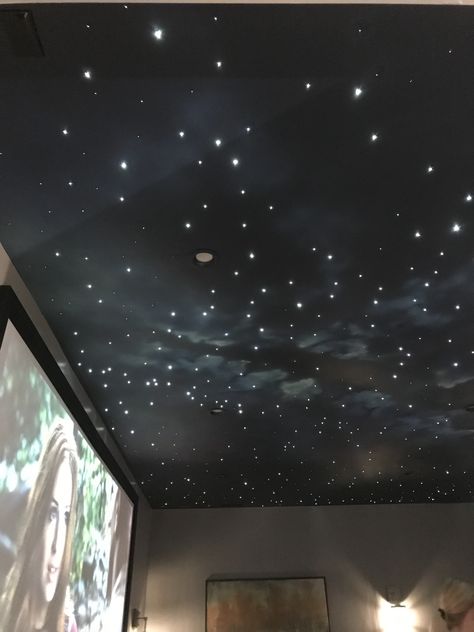 Room With Stars Ceiling, Black Room With Black Ceiling, Starlight Room Aesthetic, Starcore Aesthetic Bedroom, Starry Night Ceiling Bedrooms, Star Night Ceiling, Black Star Ceiling, Constellation Interior Design, Constellation Room Ideas