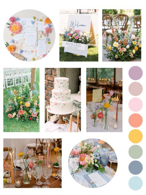 Summer Backyard Wedding Ceremony, Round Table Centerpieces Wedding Pastel, Whimsical Color Palette Wedding, Colorful May Wedding, Spring Wedding Colors Pastel, Subtle Color Wedding, May Wedding Palette, Summer Garden Wedding Color Palette, Fairy Court Wedding