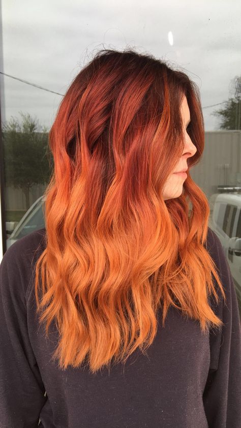 Red Hair Melted Roots, Ginger Hair With Red Roots, Halloween Ombre Hair, Burgundy To Orange Ombre Hair, Burnt Orange Ombre Hair, Brown Root Red Hair, Orange Copper Hair Color Dark Roots, Dark Orange Ombre Hair, Brown Ginger Ombre Hair