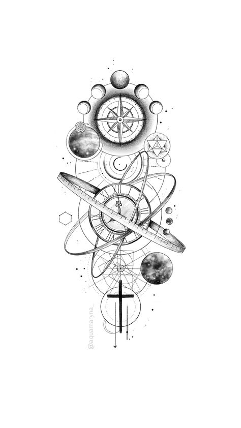 Planets Shoulder Tattoo, Women Space Tattoo, Sacred Tattoo Men, Universe Shoulder Tattoo, Map Design Tattoo, Space Themed Tattoos Men, Black And White Space Drawing, Half Compass Half Clock Tattoo, Time Space Tattoo