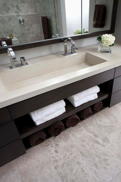 Concrete double faucet trough sink #troughsink #bathroom #sink #concretesink #bathroomideas #decorhomeideas Makeover Kamar Mandi, Trough Sink, Floating Vanity, Trendy Bathroom, Bad Design, Bath Room, Bathroom Renos, Dream Bathroom, Bath Remodel