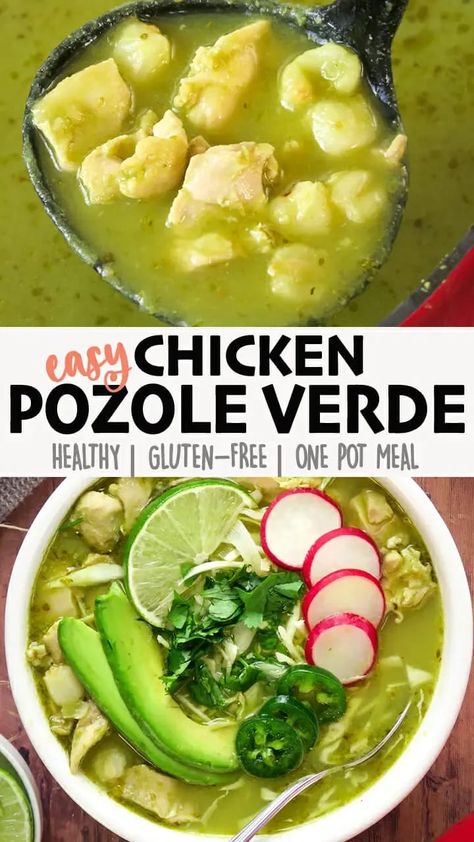 An easy simplified version of Chicken Pozole Verde (Green Pozole). A comorting healthy Mexican stew, with chunks of chicken and hominy in a green chile broth! This Pozole is made on the stove all in one pot! But, you can also make it in the Instant Pot or Crock Pot (instructions included). Click for the full detailed recipe and video! #mexicanfoodrecipes #chickenrecipe #stew #easyrecipe #glutenfreerecipes #healthyfood Green Posole Recipe Chicken, Posole Verde Chicken, Green Pozole Recipe Chicken, Green Posole, Posole Verde Recipe, Chicken Pozole Verde, Posole Recipe Chicken, Chicken Pozole Recipe, Pozole Verde Recipe