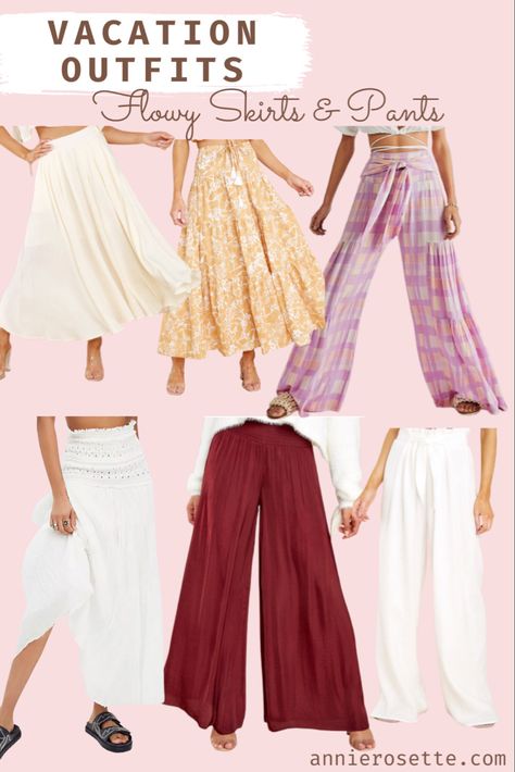 Beach outfit ideas Red Dress Summer, Flowy Pants Outfit, Fancy Crop Top, Daily Fashion Outfits, Beachy Outfit, Flowy Skirts, Cute Vacation Outfits, Resort Outfit, Printed Wide Leg Pants