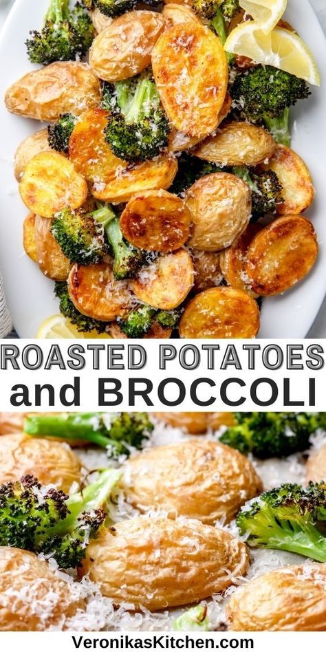 Roasted baby potatoes and broccoli, topped with grated Parmesan cheese. Cheesy Broccoli And Potatoes, Baked Potato And Broccoli, Baked Potatoes And Broccoli In Oven, Oven Roasted Potatoes And Broccoli, Potatoes And Broccoli Recipes, Brocoli Potato, Broccoli And Potato Recipes, Potato And Broccoli Recipes, Chicken Potatoes And Broccoli