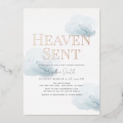 $4.05 | Heaven Sent Blue Cloud Boy Baby Shower | Baby Shower Invitations | baby shower, sky, cloud, watercolor, foil, blue, baby boy, heaven sent, dream Jordan Baby Shower, Gender Reveal Invitations Template, Foil Invitations, Dream Baby, Blue Baby Shower, Boy Baby Shower, Baby Shower Invitations For Boys, Spring Baby, Heaven Sent