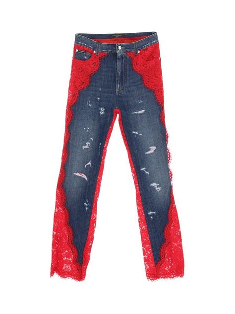 Dolce & Gabbana Distressed Lace-Detailed Wide-Leg Jeans Outfit Generator, Pixie Cut Styles, Blue Jean Outfits, Runway Fashion Couture, Custom Jeans, Career Fashion, Fashion Design Sketches, Autumn Fashion Women, Upcycle Clothes