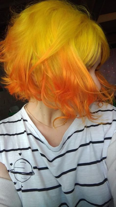 Yellow Dyed Hair Short, Yellow To Orange Hair, Fire Hair Short, Yellow Orange Hair Color, Yellow Hair Dye Ideas, Split Hair Aesthetic, Bright Hair Dye Ideas, Fire Hair Color Short, Bright Dyed Hair