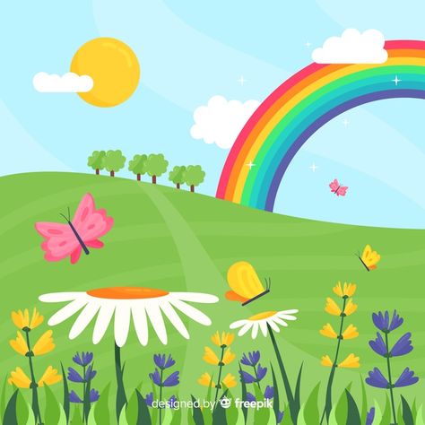 Rainbow field spring background Free Vector | Free Vector #Freepik #vector #freebackground #freeflower #freefloral #freeflowers Spring Cartoon, Spring Vector, School Study Ideas, Dramatic Play Preschool, Spring Images, Background Flower, Spring Clipart, Spring Background, Moms Crafts