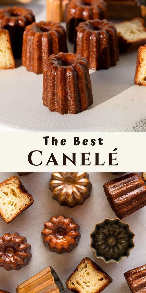 baked caneles on serving board and on baking pan with molds Cake Mix Dessert Recipes, Canele Recipe, Baked Makeup, Dessert Recipes Cake, French Pastries Recipes, French Sweets, French Dessert Recipes, French Baking, Kolaci I Torte